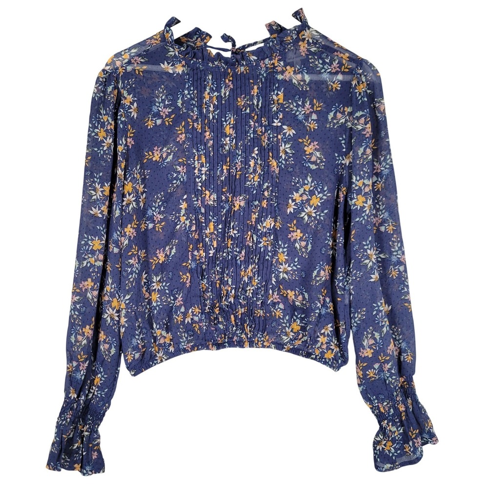 Self Esteem Sheer Floral Blouse Womens Large Navy Blue Pintuck Boho Cottage Top